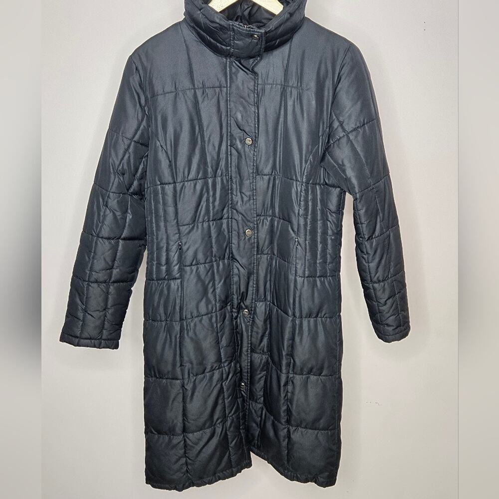 Steve Madden Black Quilted Long Coat with Pockets and 2-Way Zipper Size M